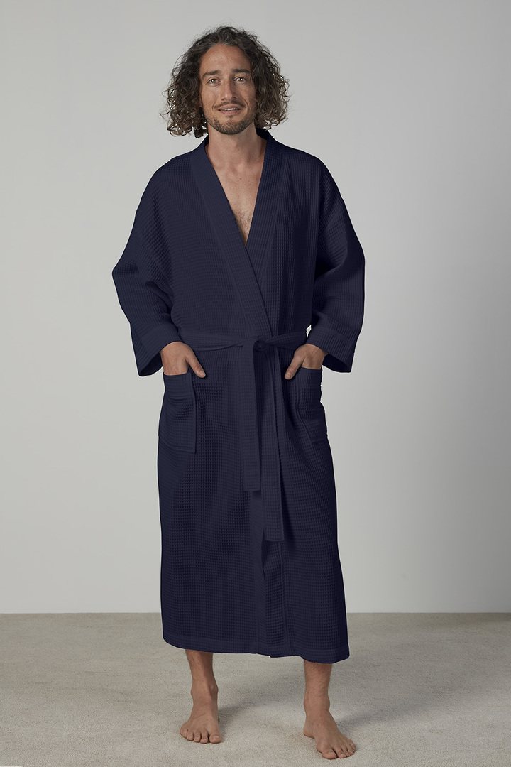Baksana  - Unisex 50-50 Waffle Kimono Style Robe - Navy image 0